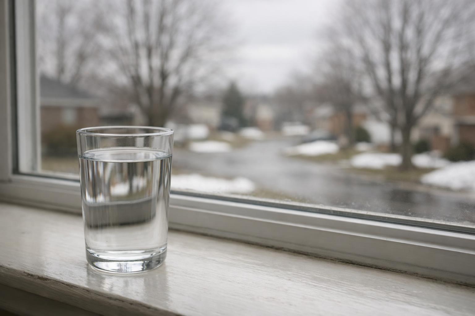 Glass of tap water on a windowsill overlooking a Canadian street with melting snow