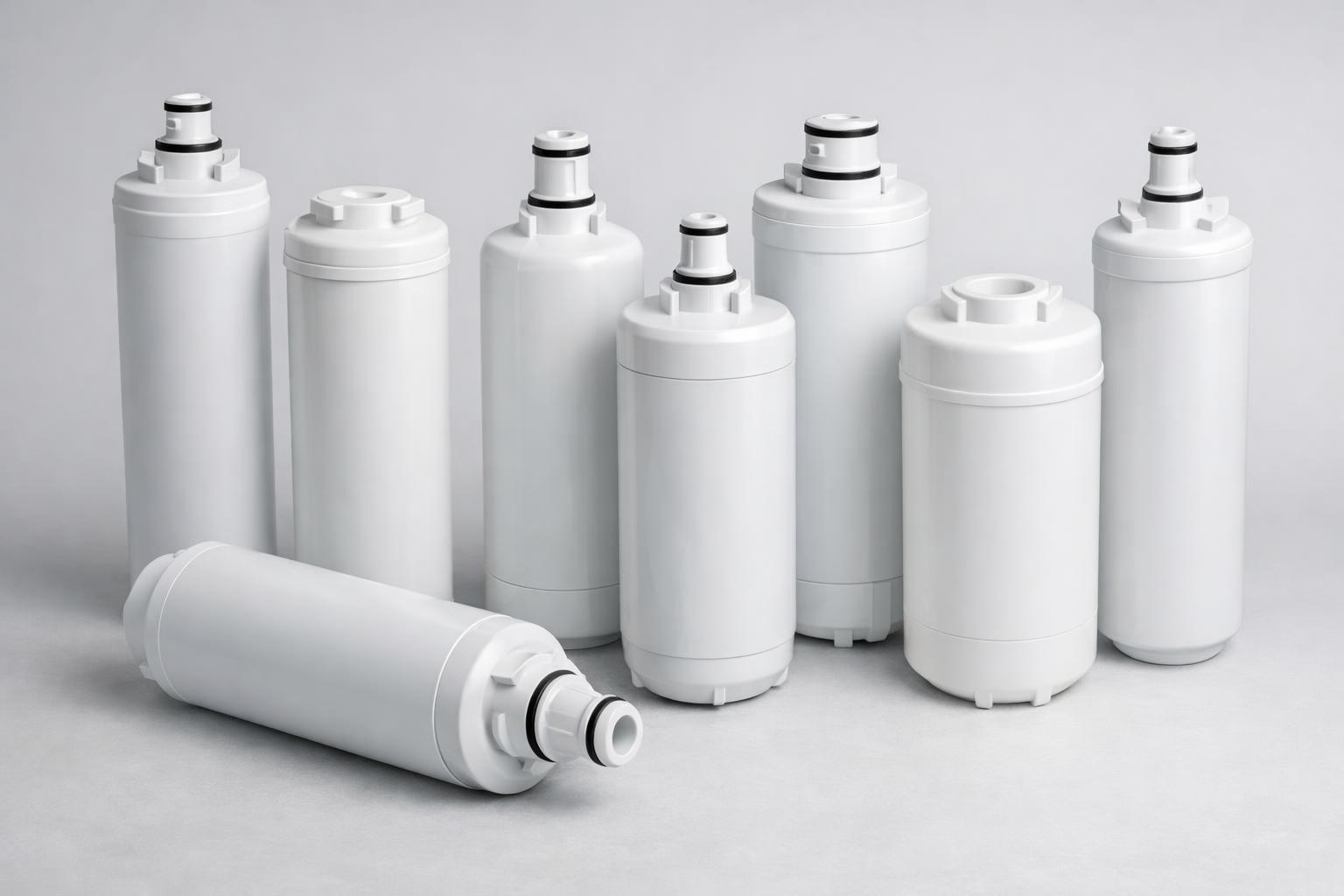 A row of different refrigerator water filter cartridges standing on a light grey surface