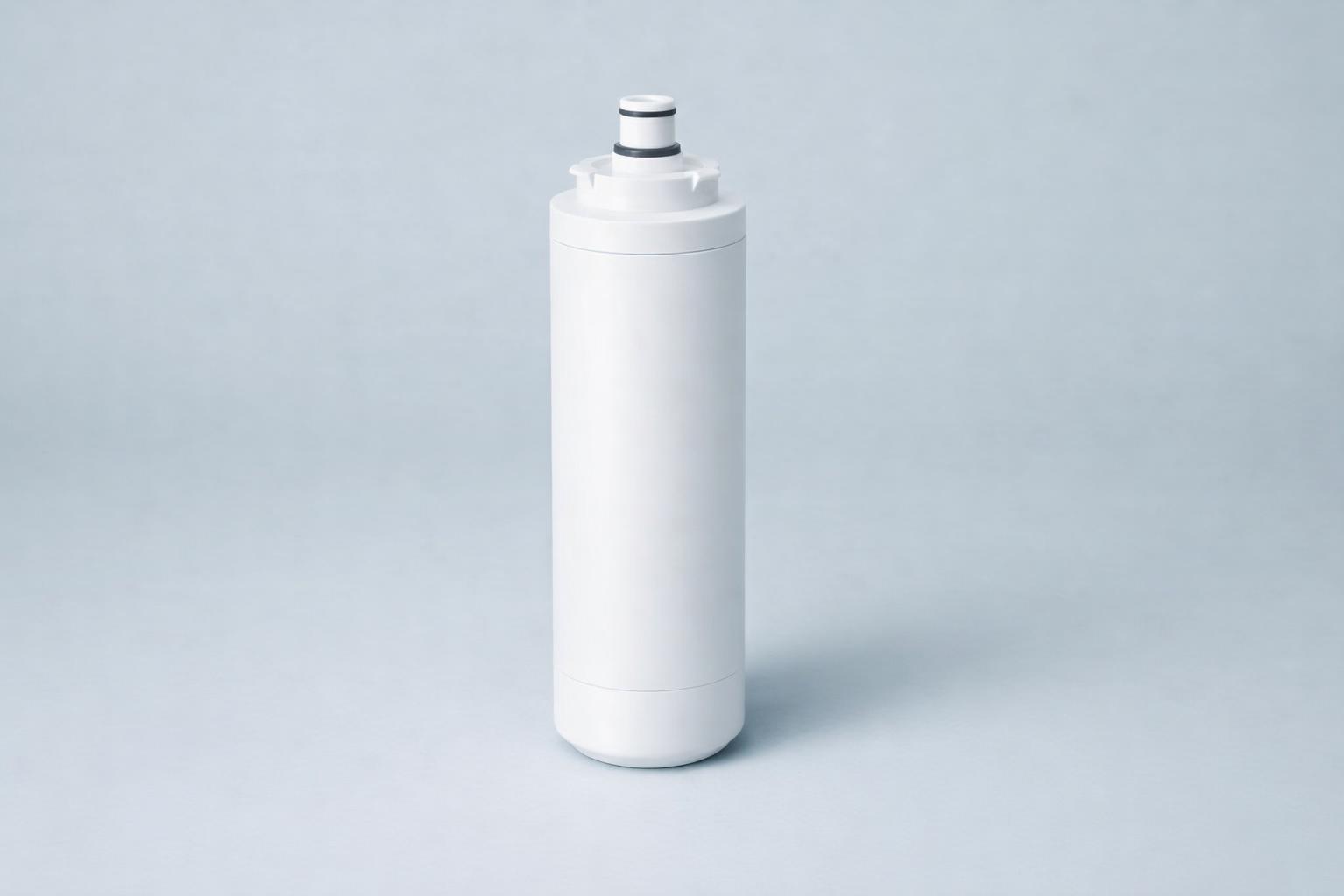 A white cylindrical refrigerator water filter cartridge