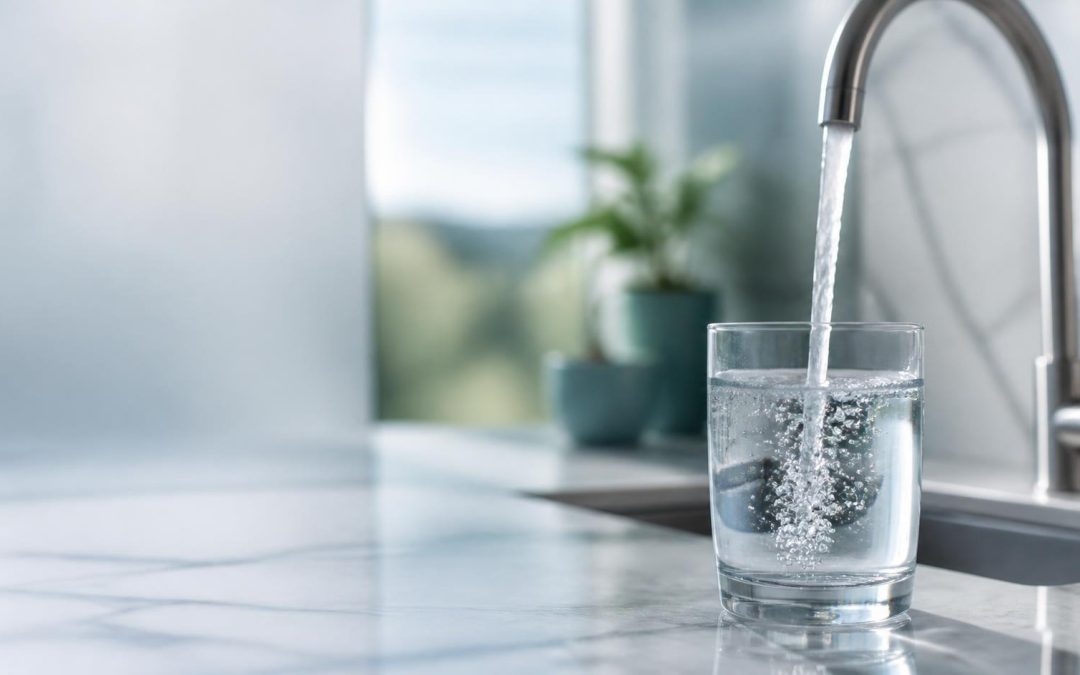 Filtered drinking water pouring into a glass in a bright Canadian kitchen