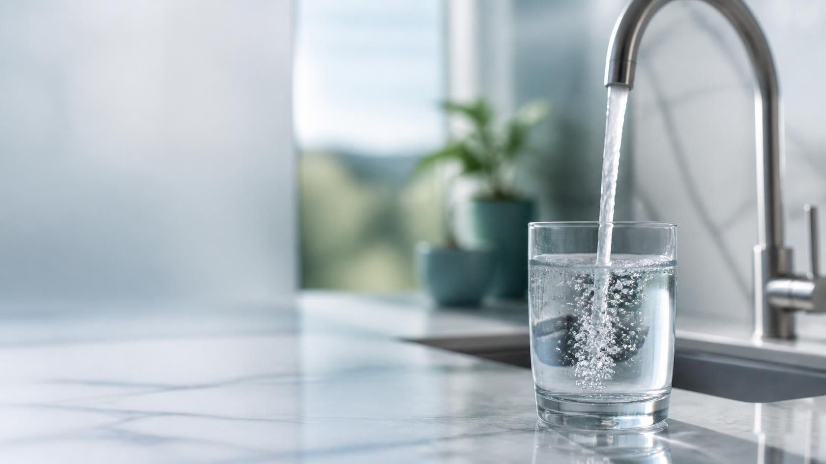 Filtered drinking water pouring into a glass in a bright Canadian kitchen
