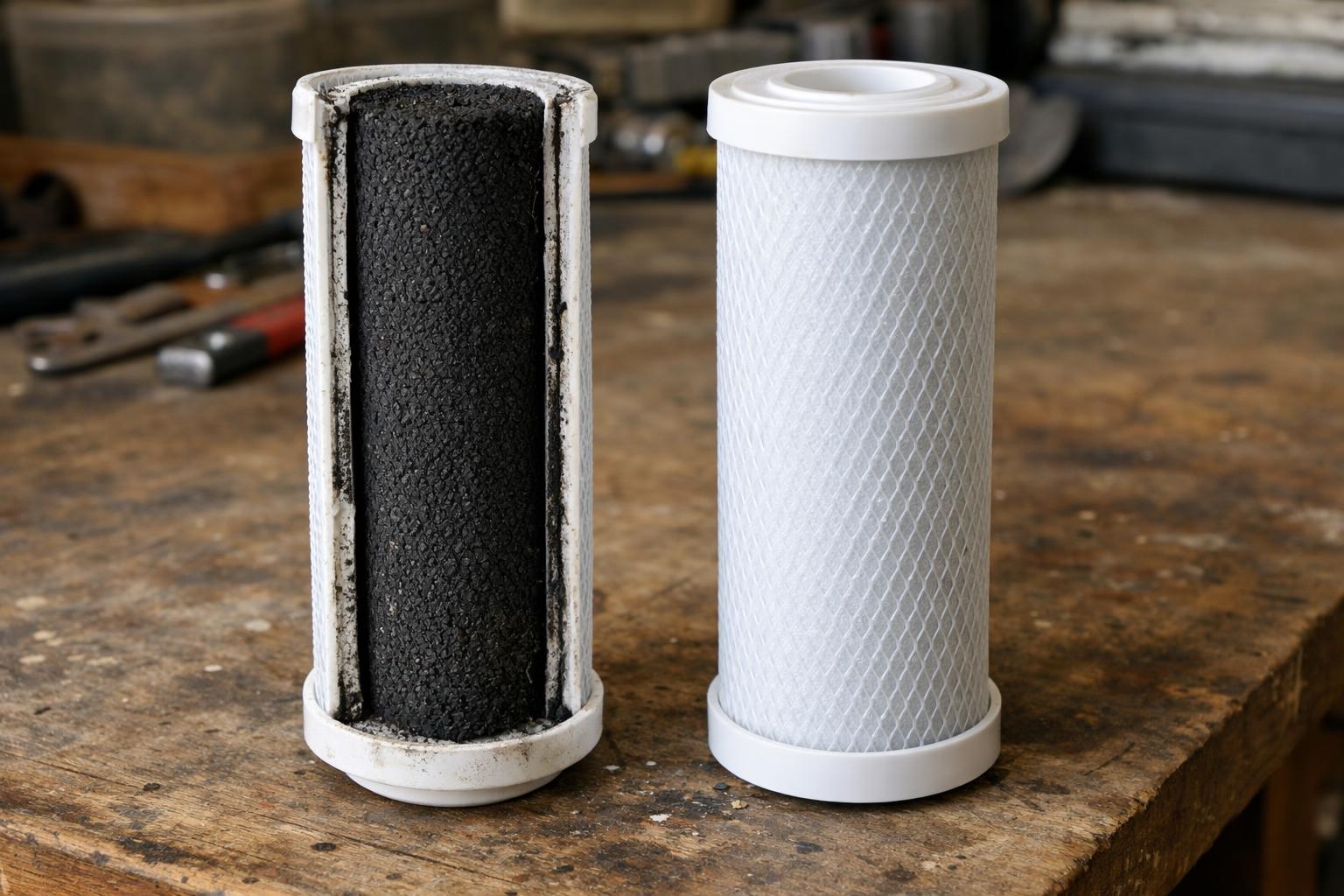 A used discoloured water filter cartridge cut open next to a clean new cartridge