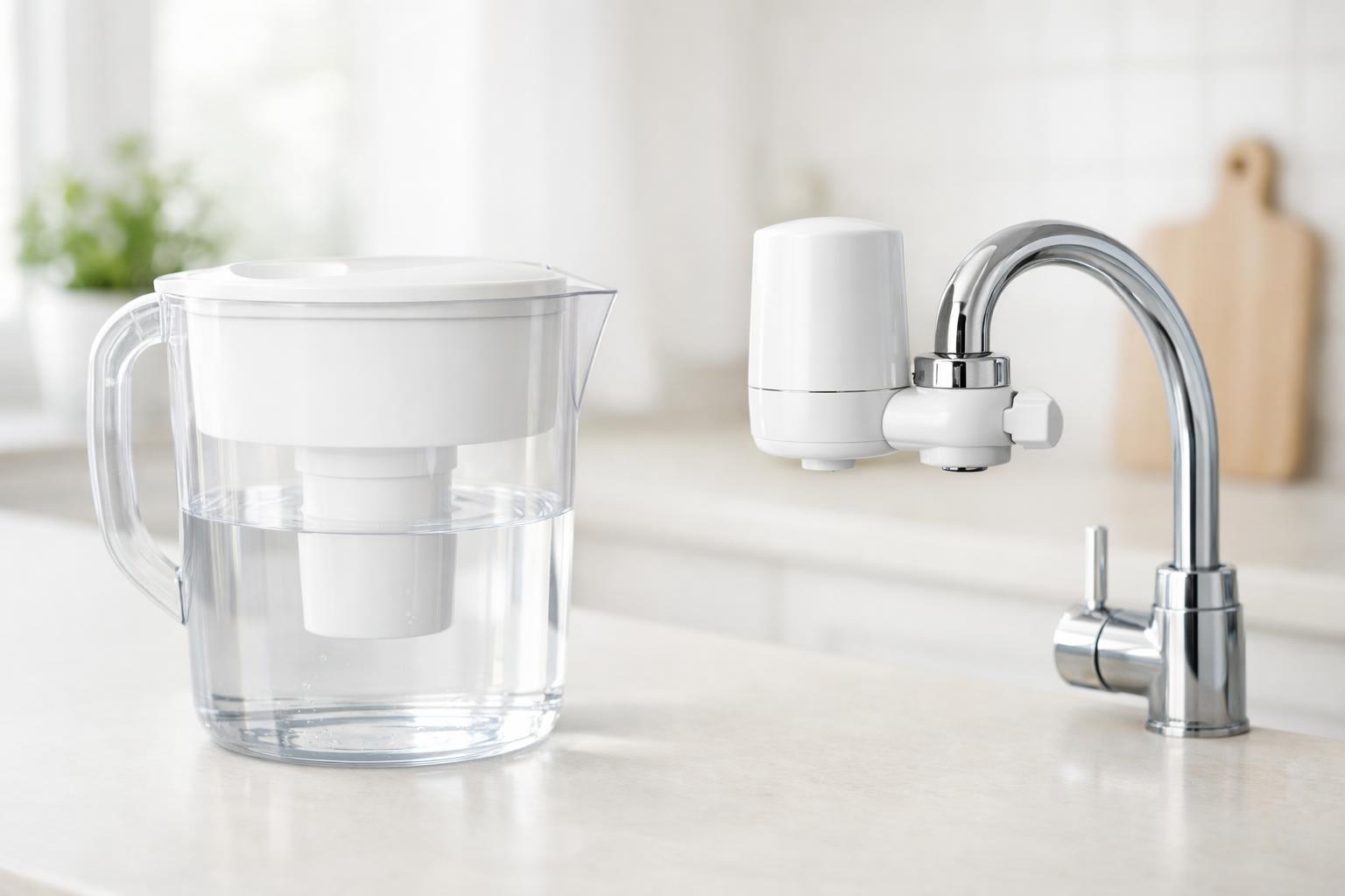 White water filter pitcher on a kitchen counter next to a faucet-mounted water filter