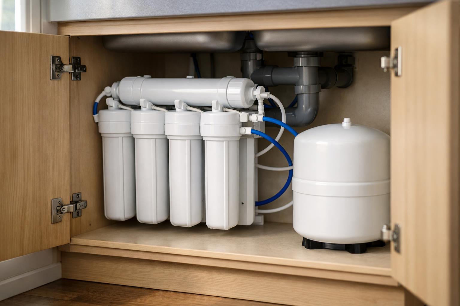 Under-sink reverse osmosis system with filter canisters and storage tank installed in a kitchen cabinet