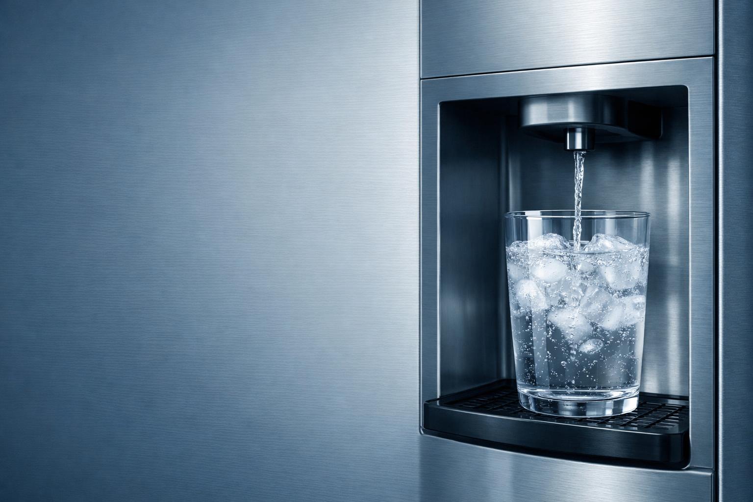 A refrigerator water dispenser filling a glass with filtered water and ice