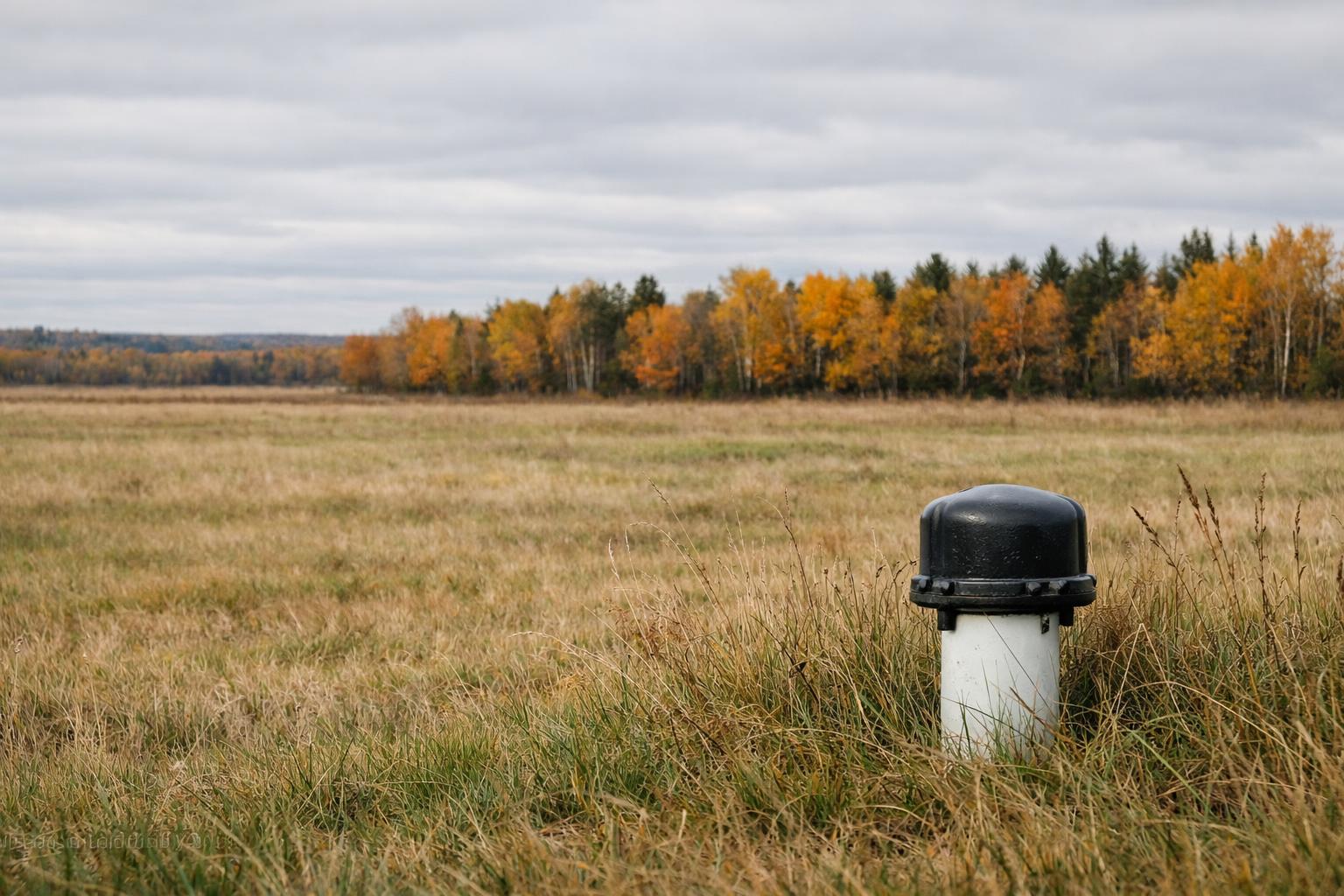 A well head in a grassy field on a rural Canadian property in autumn