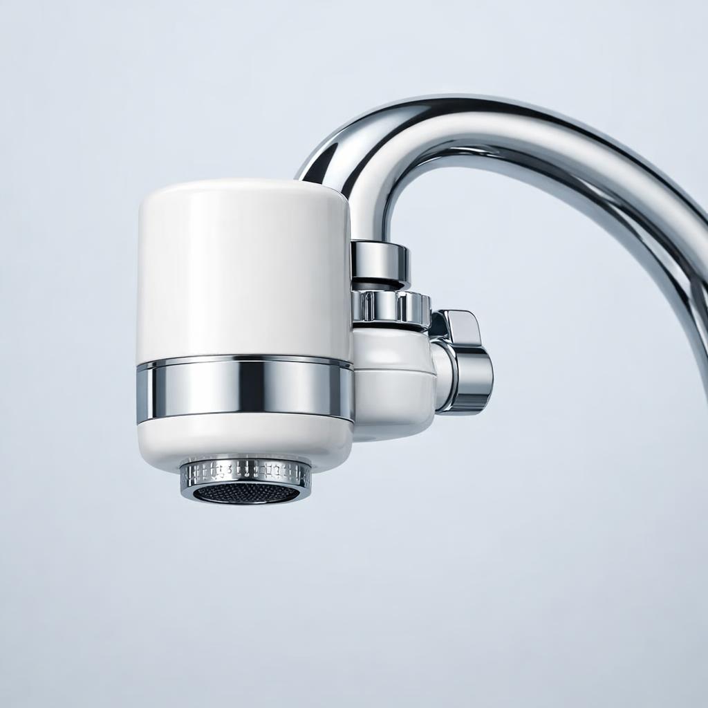 A white and chrome faucet-mount water filter attached to a kitchen tap