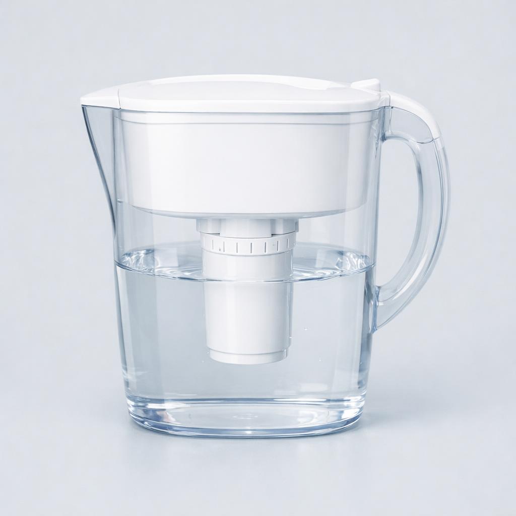A clear water filter pitcher with a white cartridge inside