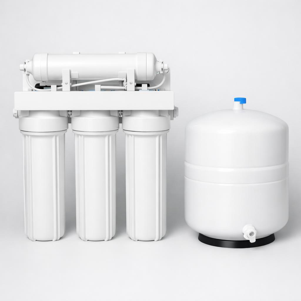 An under-sink reverse osmosis system with three filter housings and a storage tank