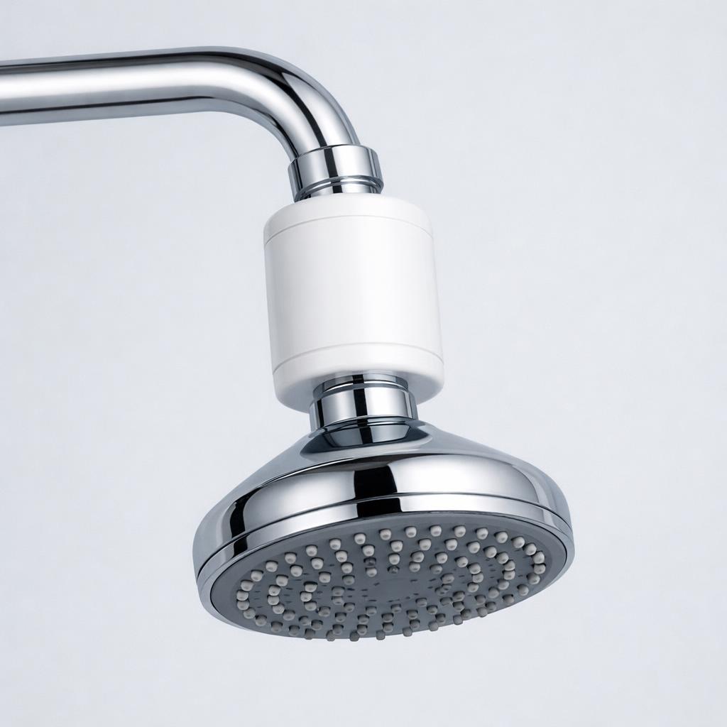 A chrome shower head with a white inline shower filter housing