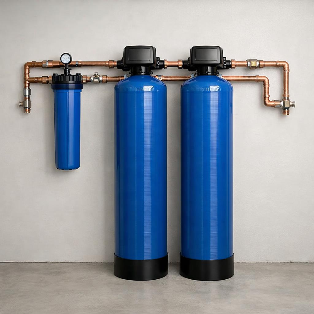 A whole-house water filtration system with two blue tanks and copper pipework