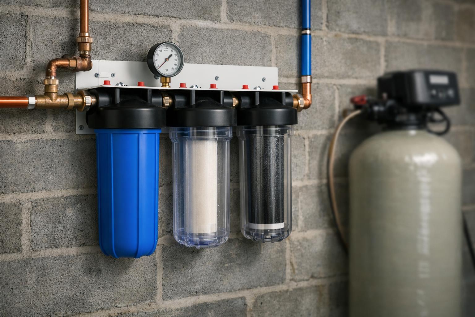 Whole-house water filter housings mounted on a basement wall with plumbing lines and a pressure gauge