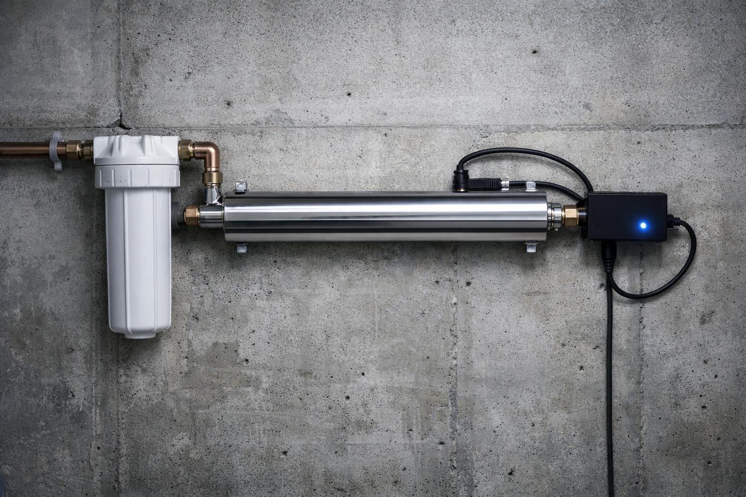 Stainless steel ultraviolet water disinfection unit mounted on a basement wall with a sediment pre-filter