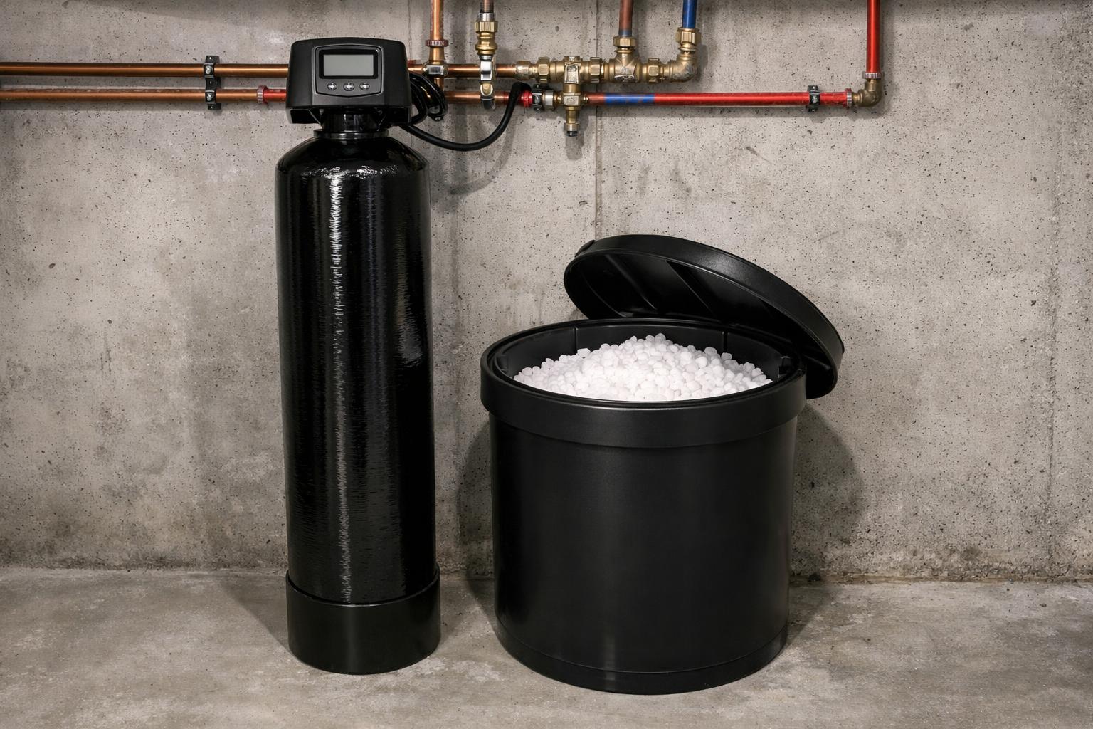 Water softener resin tank and brine tank with salt pellets installed in a basement